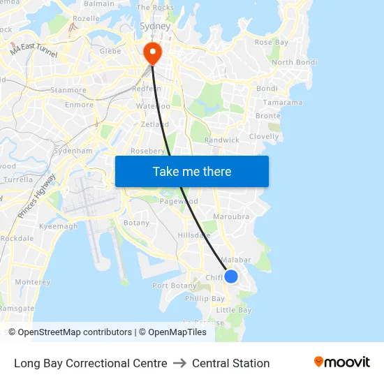 Long Bay Correctional Centre to Central Station map