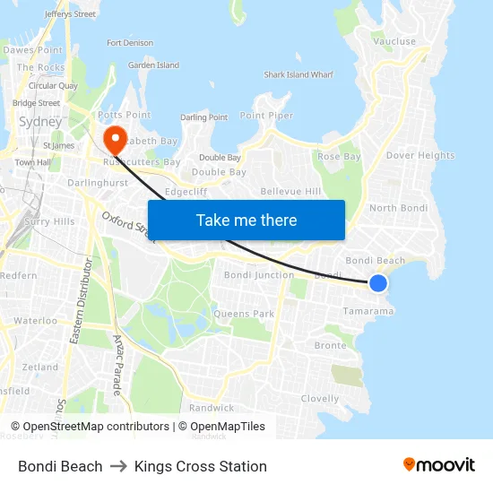 Bondi Beach to Kings Cross Station map