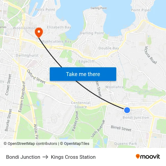 Bondi Junction to Kings Cross Station map