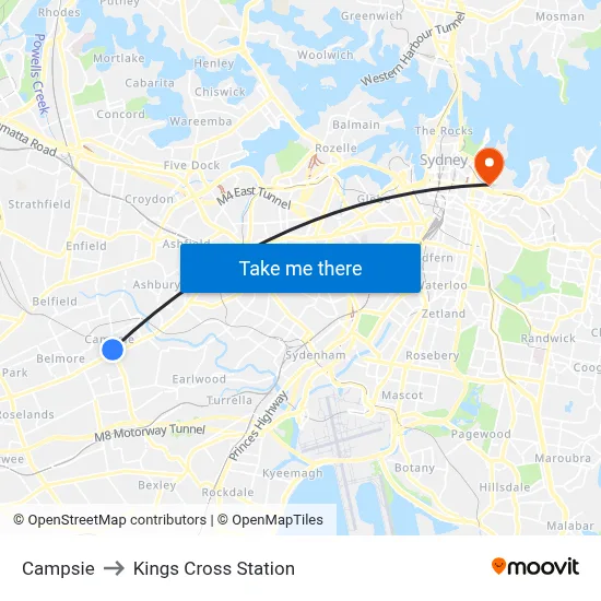Campsie to Kings Cross Station map