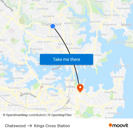 Chatswood to Kings Cross Station map