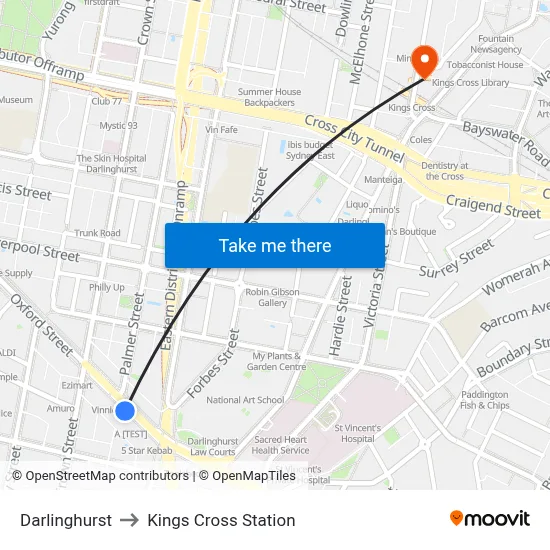 Darlinghurst to Kings Cross Station map