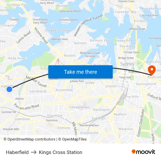 Haberfield to Kings Cross Station map