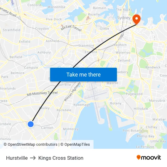 Hurstville to Kings Cross Station map