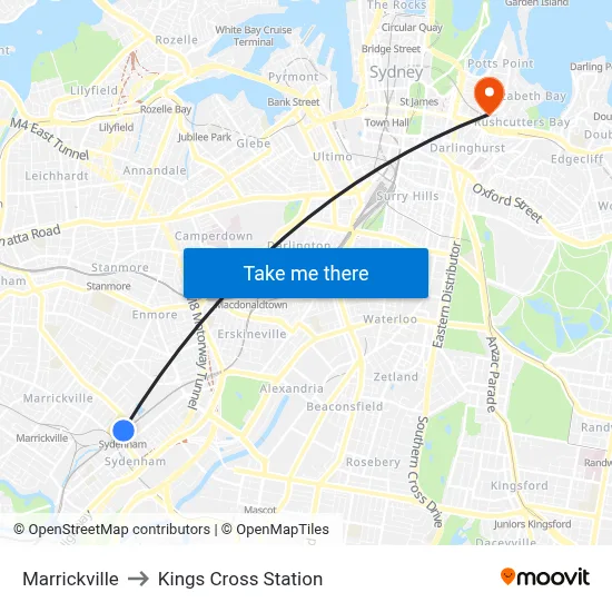 Marrickville to Kings Cross Station map