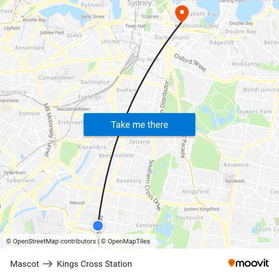 Mascot to Kings Cross Station map