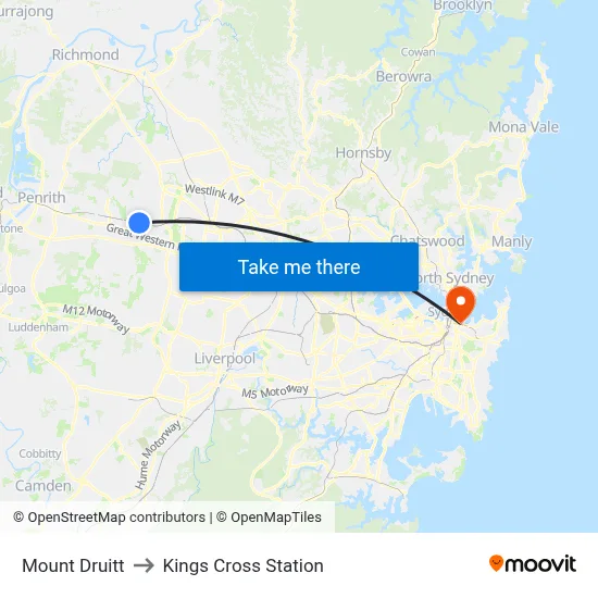 Mount Druitt to Kings Cross Station map