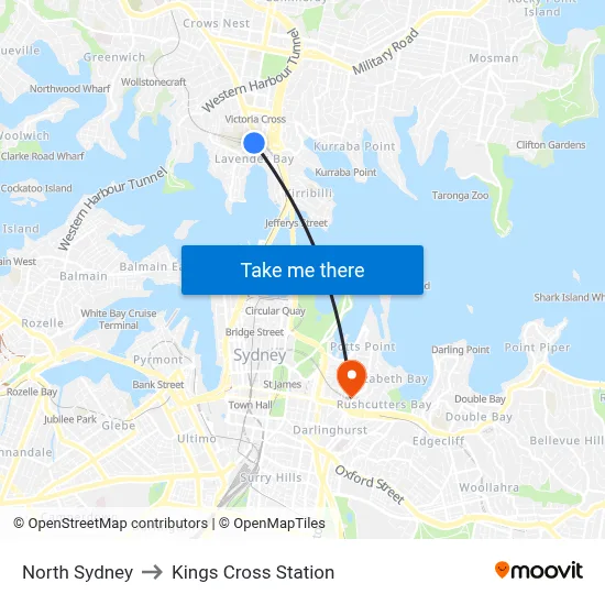 North Sydney to Kings Cross Station map