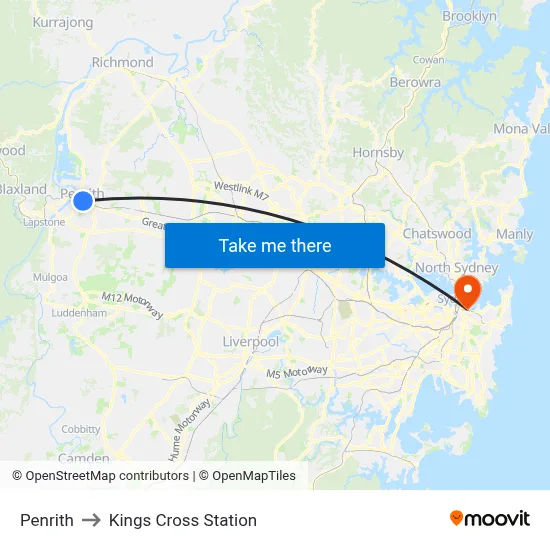 Penrith to Kings Cross Station map