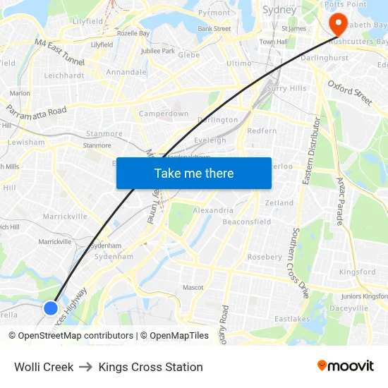 Wolli Creek to Kings Cross Station map