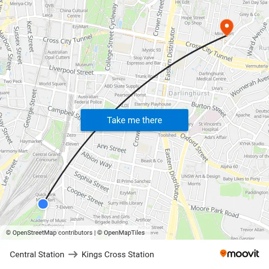 Central Station to Kings Cross Station map