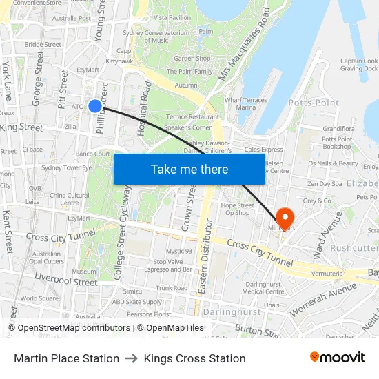 Martin Place Station to Kings Cross Station map