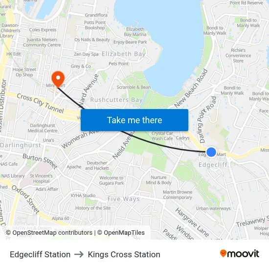 Edgecliff Station to Kings Cross Station map