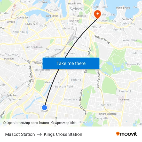 Mascot Station to Kings Cross Station map