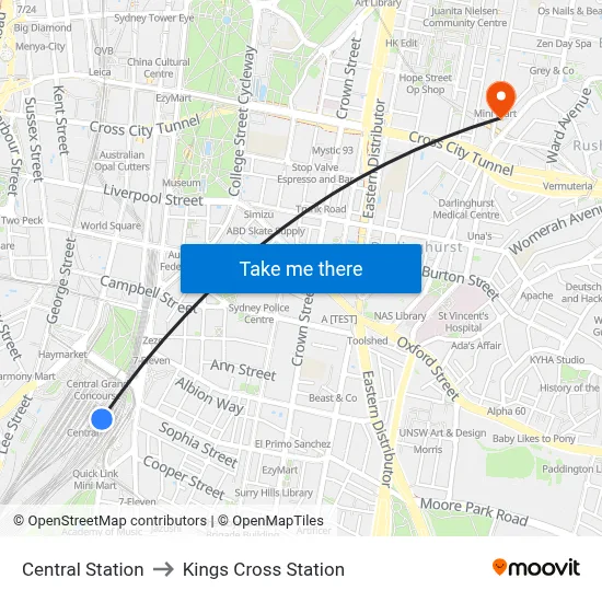 Central Station to Kings Cross Station map
