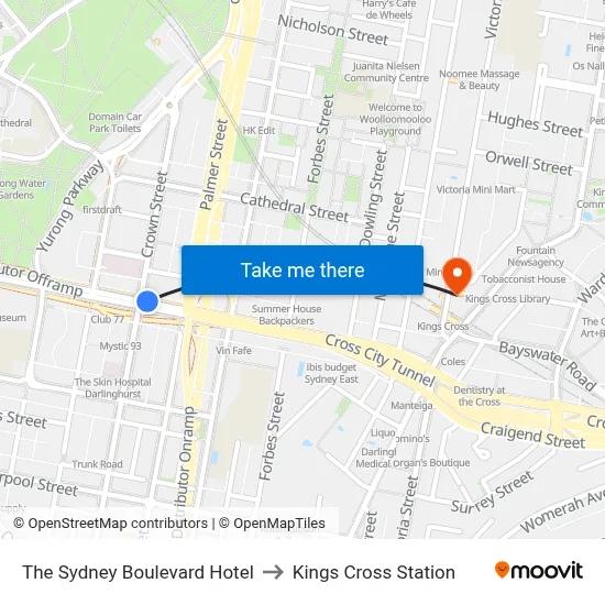 The Sydney Boulevard Hotel to Kings Cross Station map