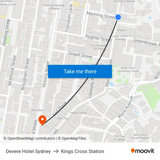 Devere Hotel Sydney to Kings Cross Station map