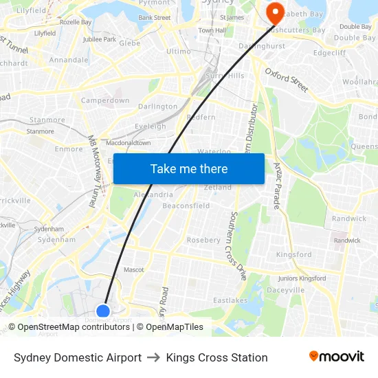 Sydney Domestic Airport to Kings Cross Station map