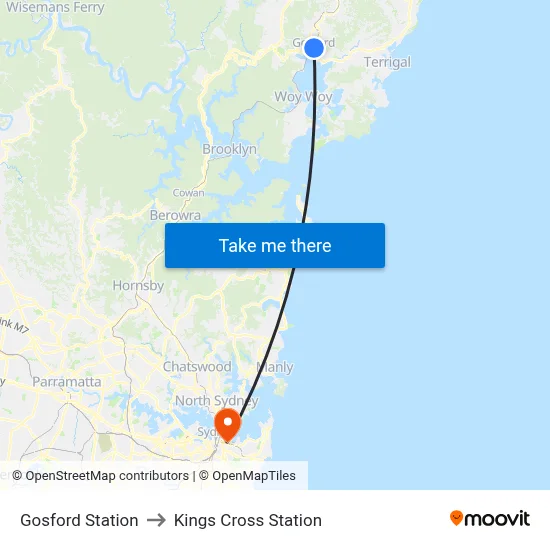 Gosford Station to Kings Cross Station map