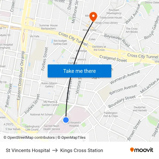 St Vincents Hospital to Kings Cross Station map