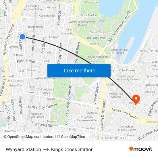 Wynyard Station to Kings Cross Station map