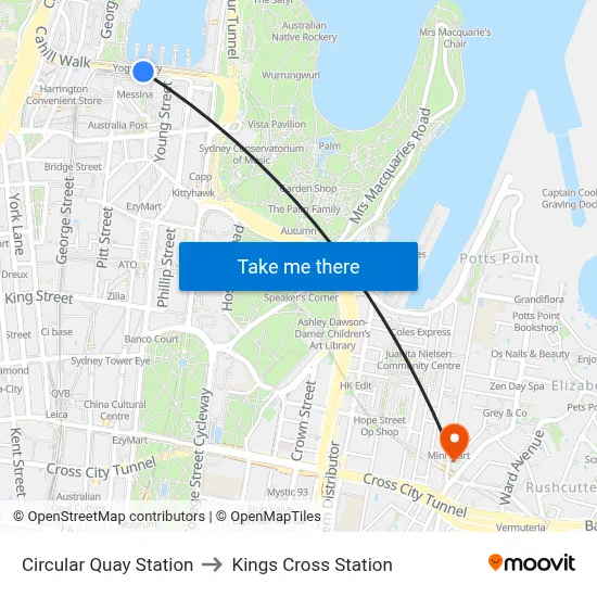 Circular Quay Station to Kings Cross Station map