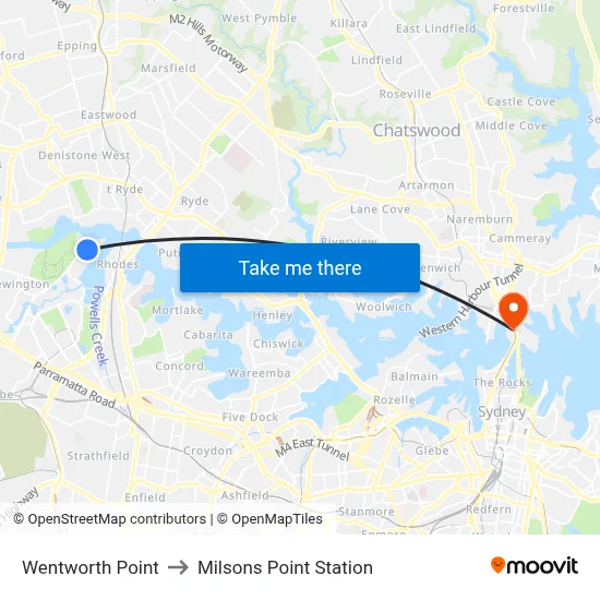 Wentworth Point to Milsons Point Station map