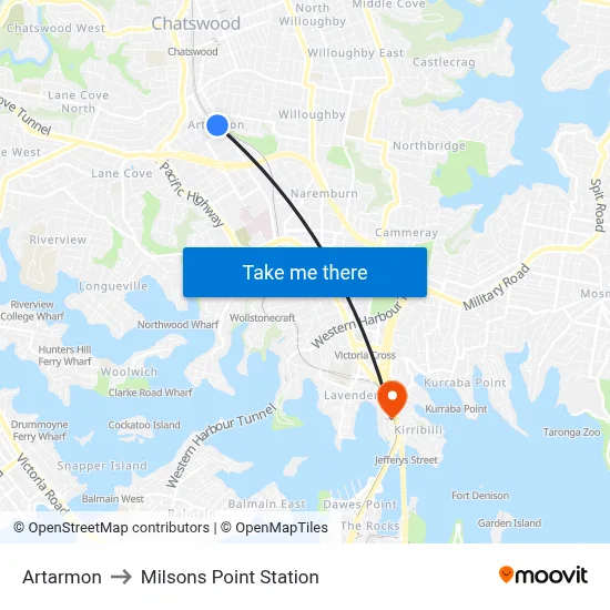 Artarmon to Milsons Point Station map