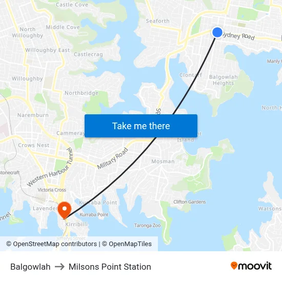 Balgowlah to Milsons Point Station map