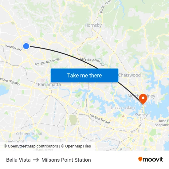 Bella Vista to Milsons Point Station map