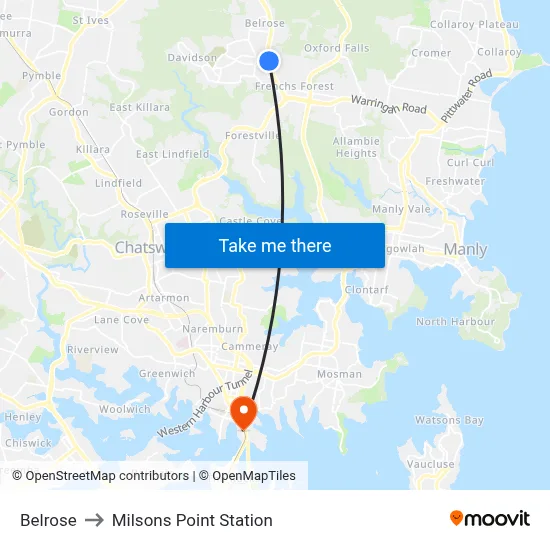 Belrose to Milsons Point Station map