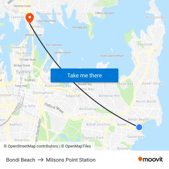 Bondi Beach to Milsons Point Station map