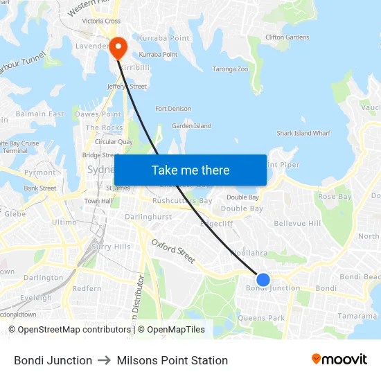 Bondi Junction to Milsons Point Station map