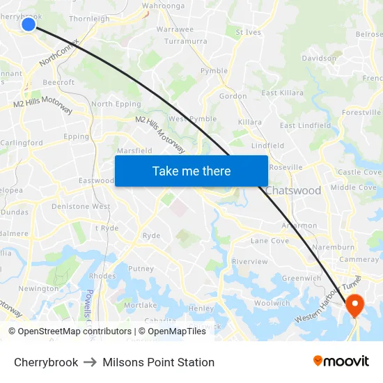 Cherrybrook to Milsons Point Station map