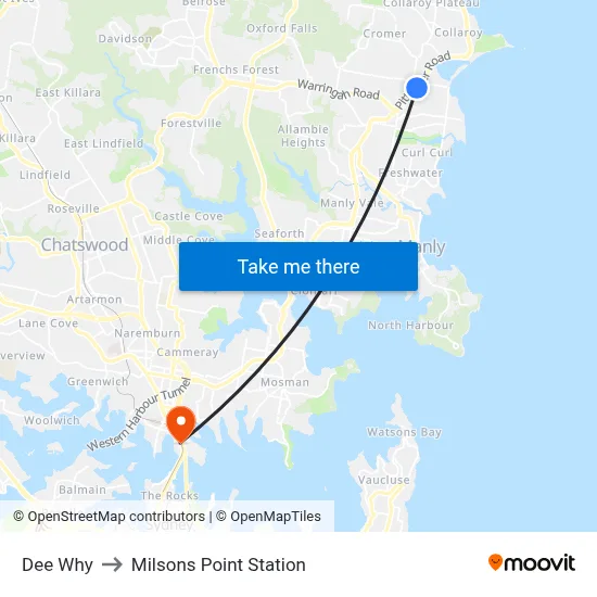 Dee Why to Milsons Point Station map