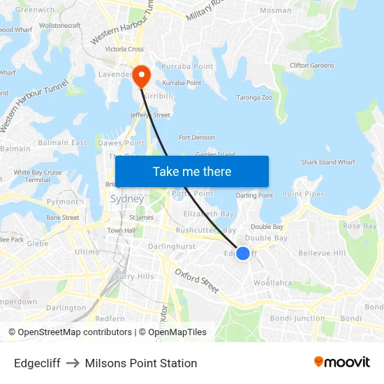 Edgecliff to Milsons Point Station map