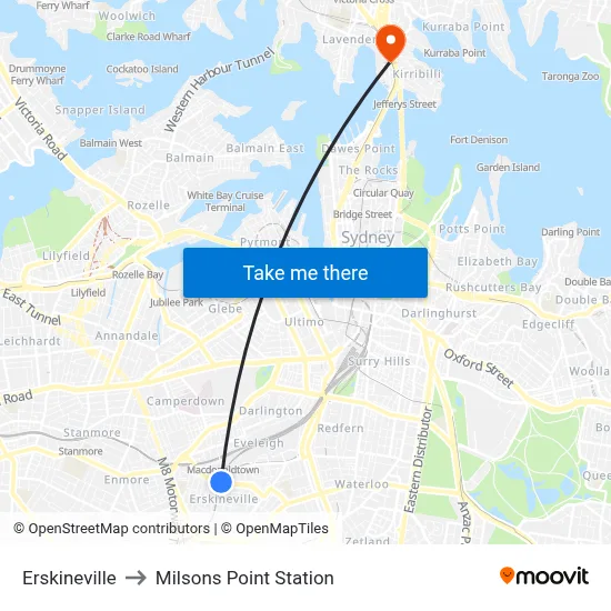 Erskineville to Milsons Point Station map