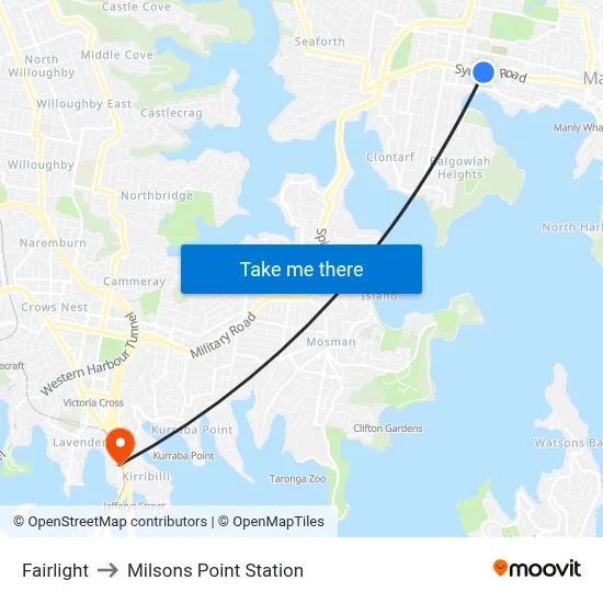 Fairlight to Milsons Point Station map