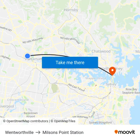 Wentworthville to Milsons Point Station map