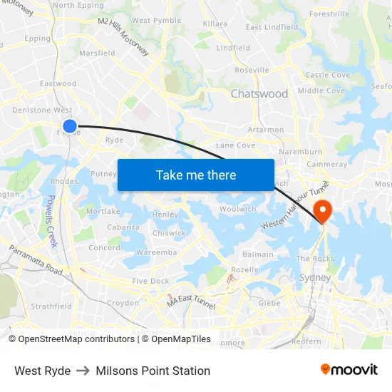 West Ryde to Milsons Point Station map