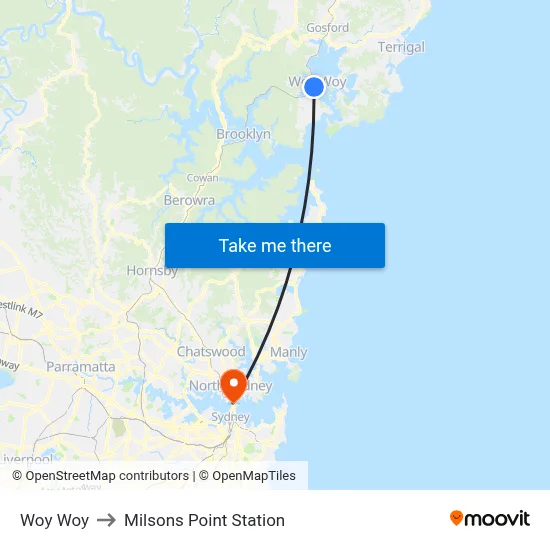 Woy Woy to Milsons Point Station map