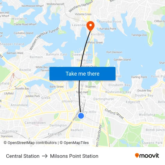 Central Station to Milsons Point Station map