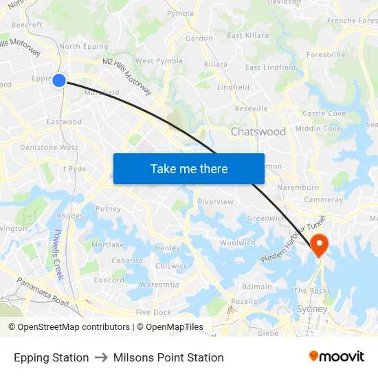 Epping Station to Milsons Point Station map