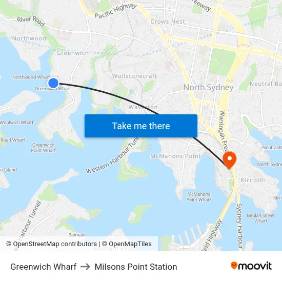 Greenwich Wharf to Milsons Point Station map