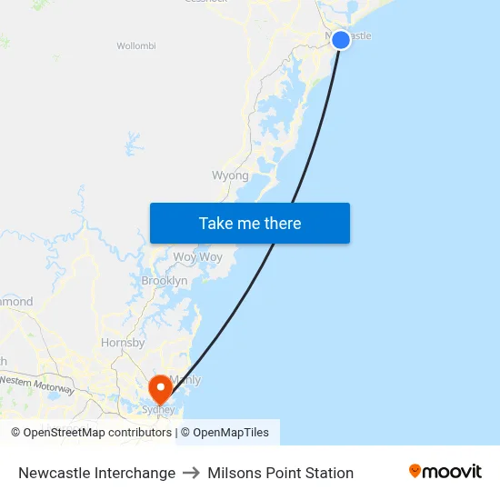 Newcastle Interchange to Milsons Point Station map