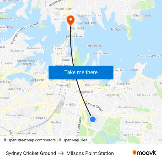 Sydney Cricket Ground to Milsons Point Station map