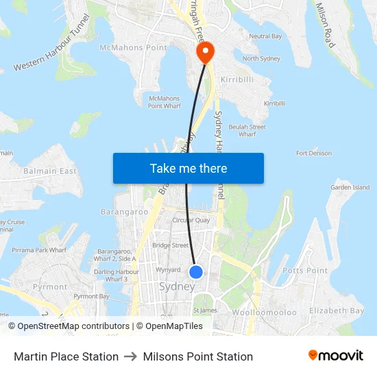 Martin Place Station to Milsons Point Station map