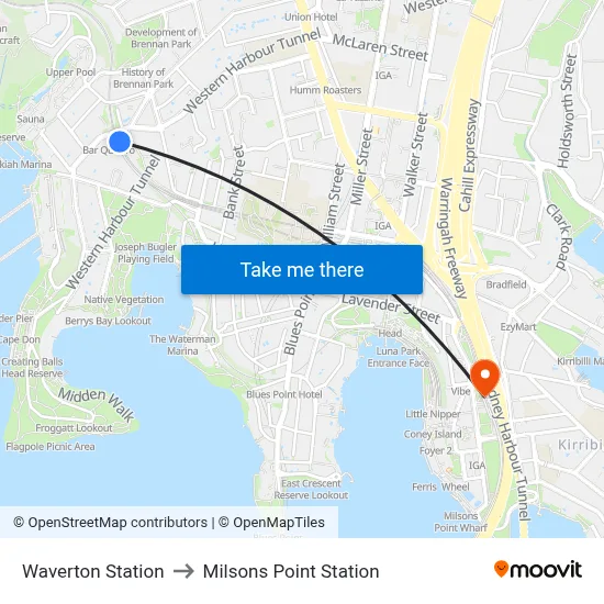 Waverton Station to Milsons Point Station map