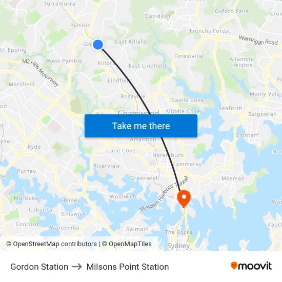 Gordon Station to Milsons Point Station map