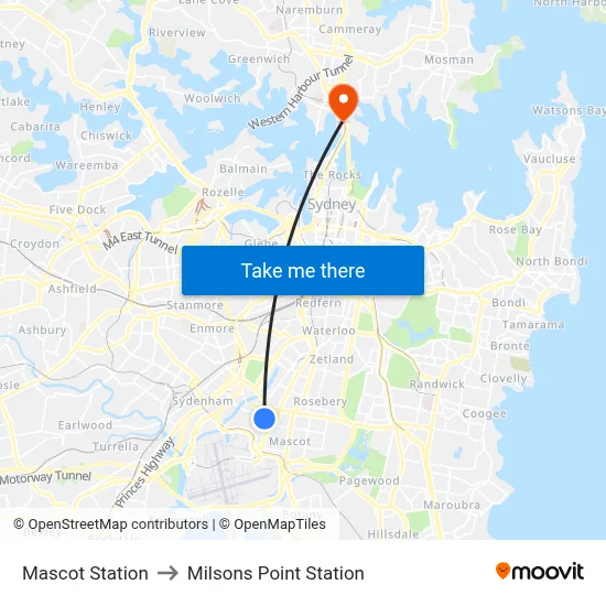 Mascot Station to Milsons Point Station map